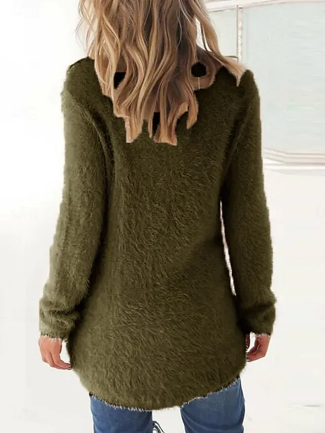 Women's Pullover Sweater Jumper Stylish Casual Soft Solid Color Fuzzy Crew Neck Oversized Long Sleeve Long Tops Knit Outdoor Daily Going out Lake blue ArmyGreen Fall Winter
