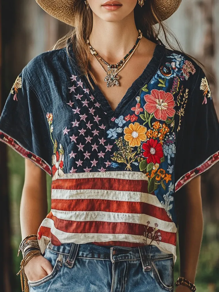 Women's Independence Day Pink Star Flower Embroidered Short Sleeve Linen Blend T-shirt