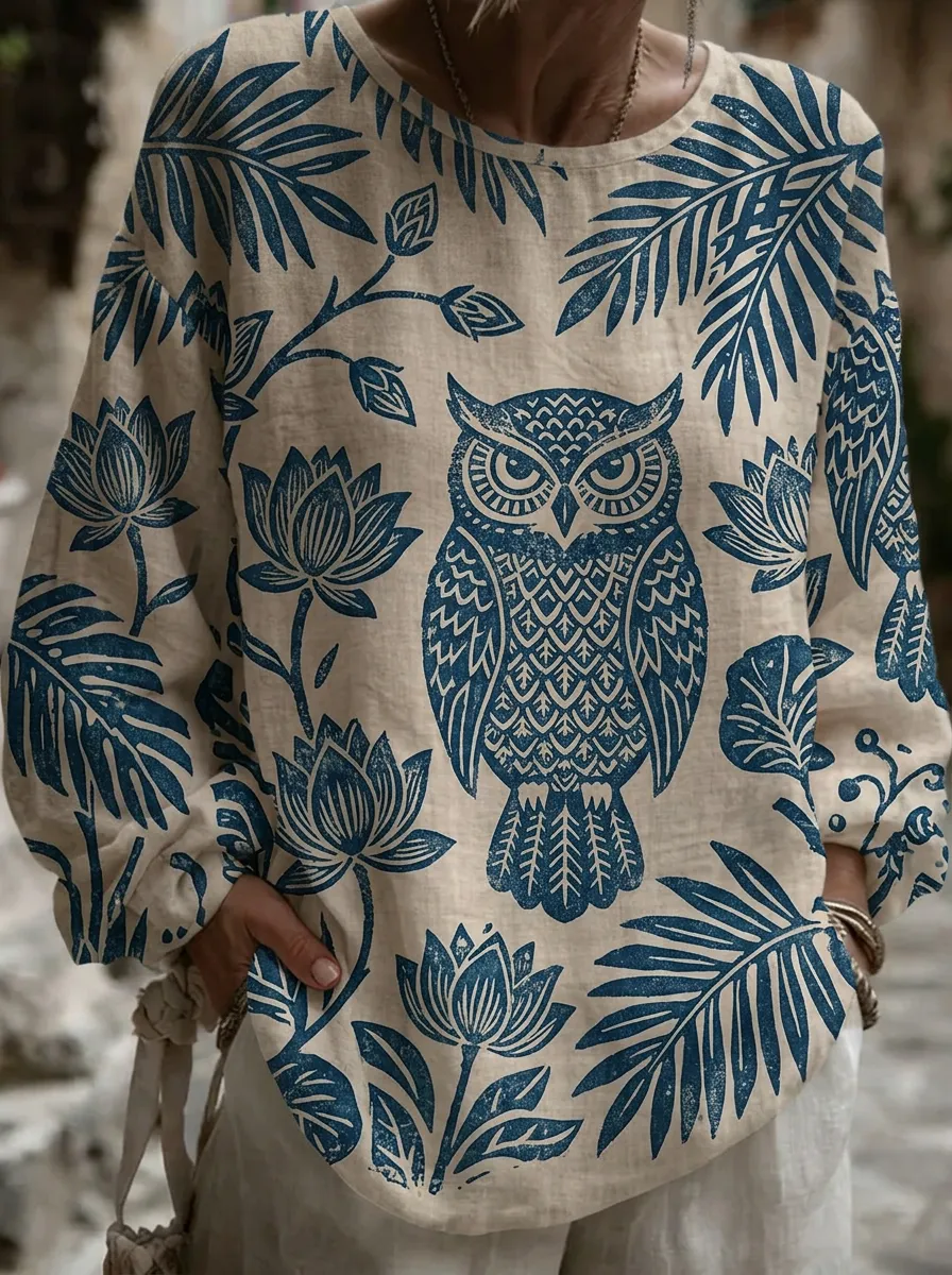 Women's Nashville Owl Floral Botanical Printed Long Sleeve Top