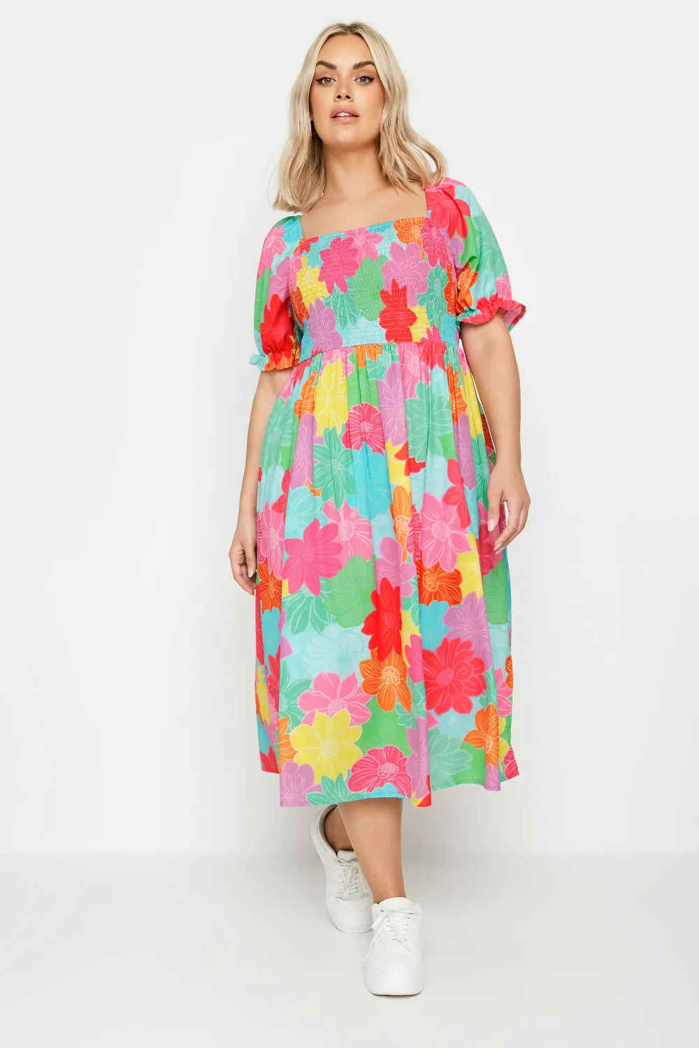 YOURS Curve Black Floral Print Shirred Midi Dress