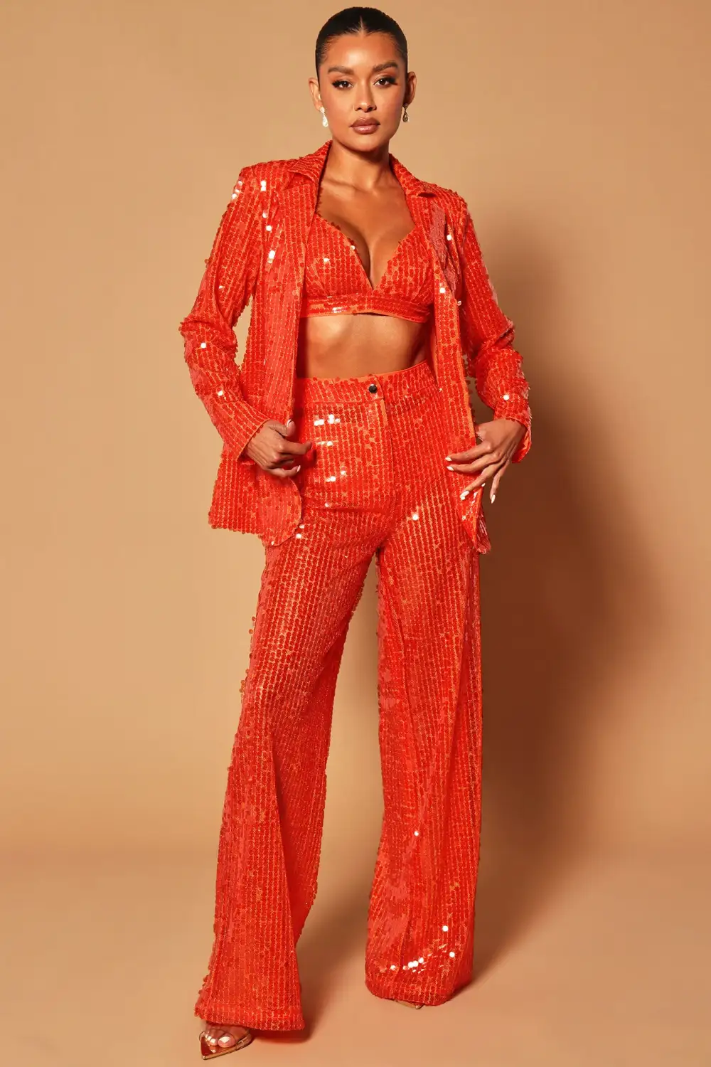 Trinity Sequin 3 Piece Pant Set - Orange