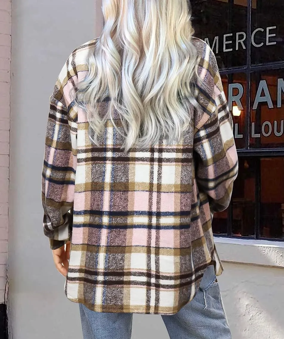 Women's Flannel Plaid Shacket Long Sleeve Button Down Chest Pocketed Shirts Jacket Coats