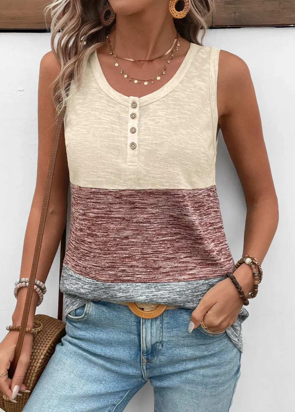 Light Coffee Patchwork Round Neck Tank Top
