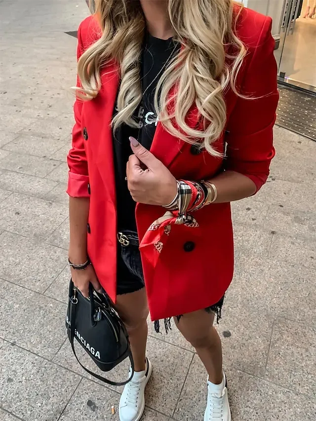 Women's Blazer Outdoor Button Solid Color Warm Fashion Regular Fit Outerwear Long Sleeve Fall Light Blue S