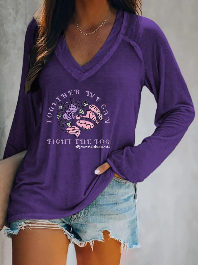 Women'S Together We Gan Fight The Fog Alzheimer'S Awareness V-Neck T-Shirt