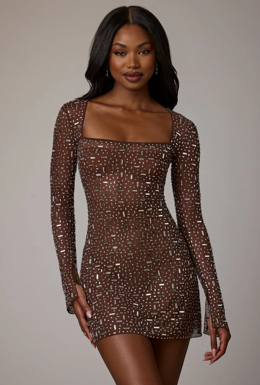 Sheer Embellished Long Sleeve A-Line Mini Dress - Almond