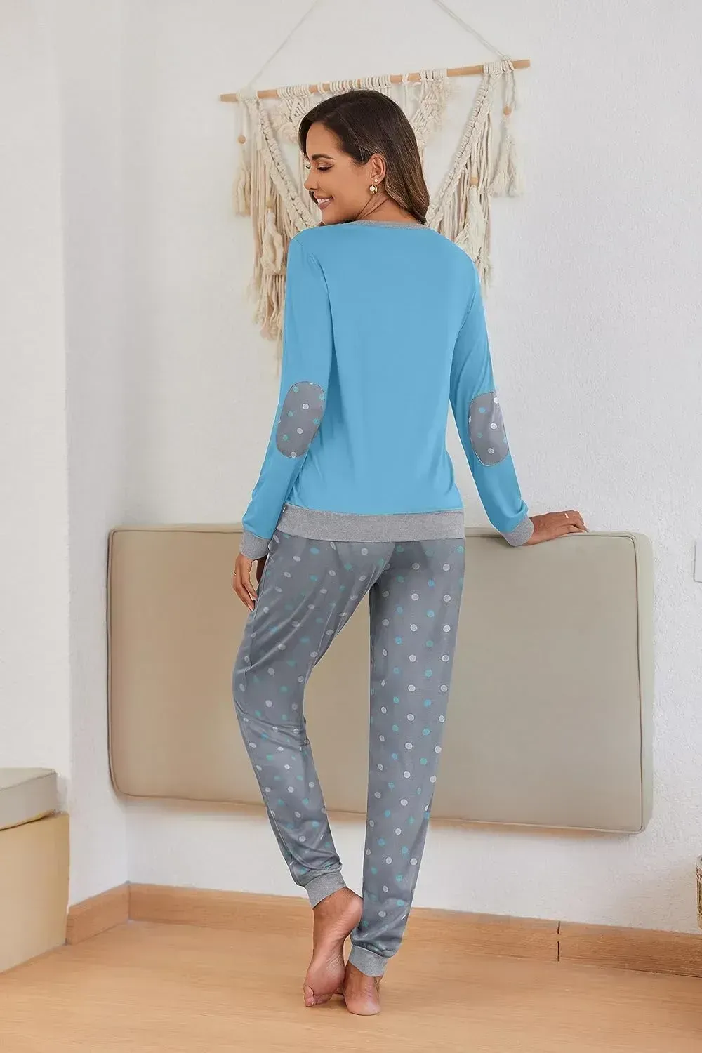 Women's Pajamas Sets Long Sleeve with Plaid Pants Soft Sleepwear O Neck 2 Piece Pjs Joggers Loung Set with Pockets