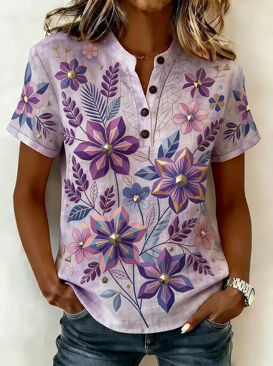 Women's Nashville Floral Geometric Printed Henley Shirt