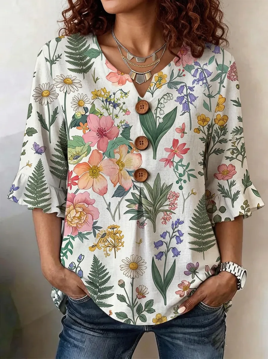Women's Nashville Botanical Wildflower Printed V-Neck Top