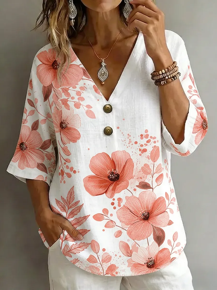 Women's Nashville Floral Botanical Printed V-Neck Top