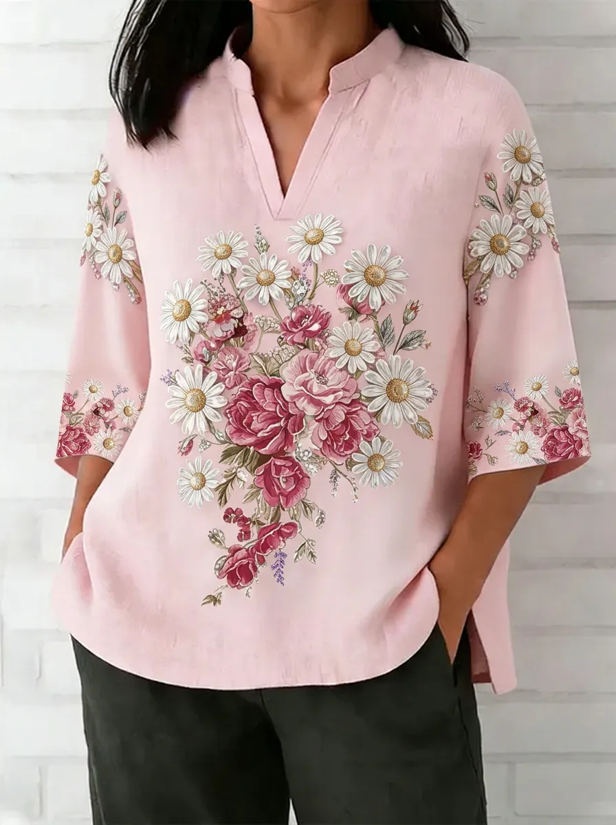 Women's Nashville Floral Daisy Rose Printed V-Neck Top