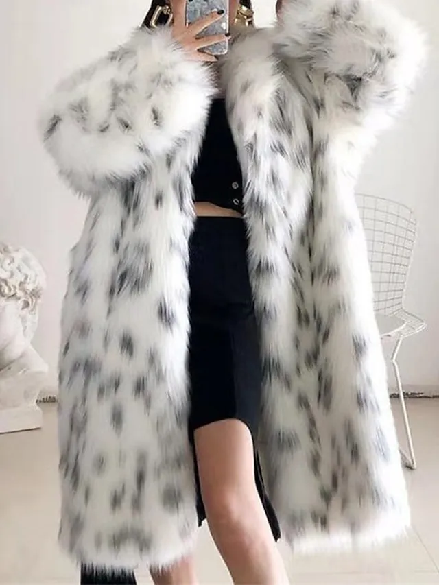 Women's Faux Fur Coat Modern Comfortable Street Style Plush Patchwork Pocket Outdoor Daily Wear Vacation Going out Faux Fur Long Coat Winter Fall White Cardigan Turndown Loose Fit S M L XL XXL / Warm