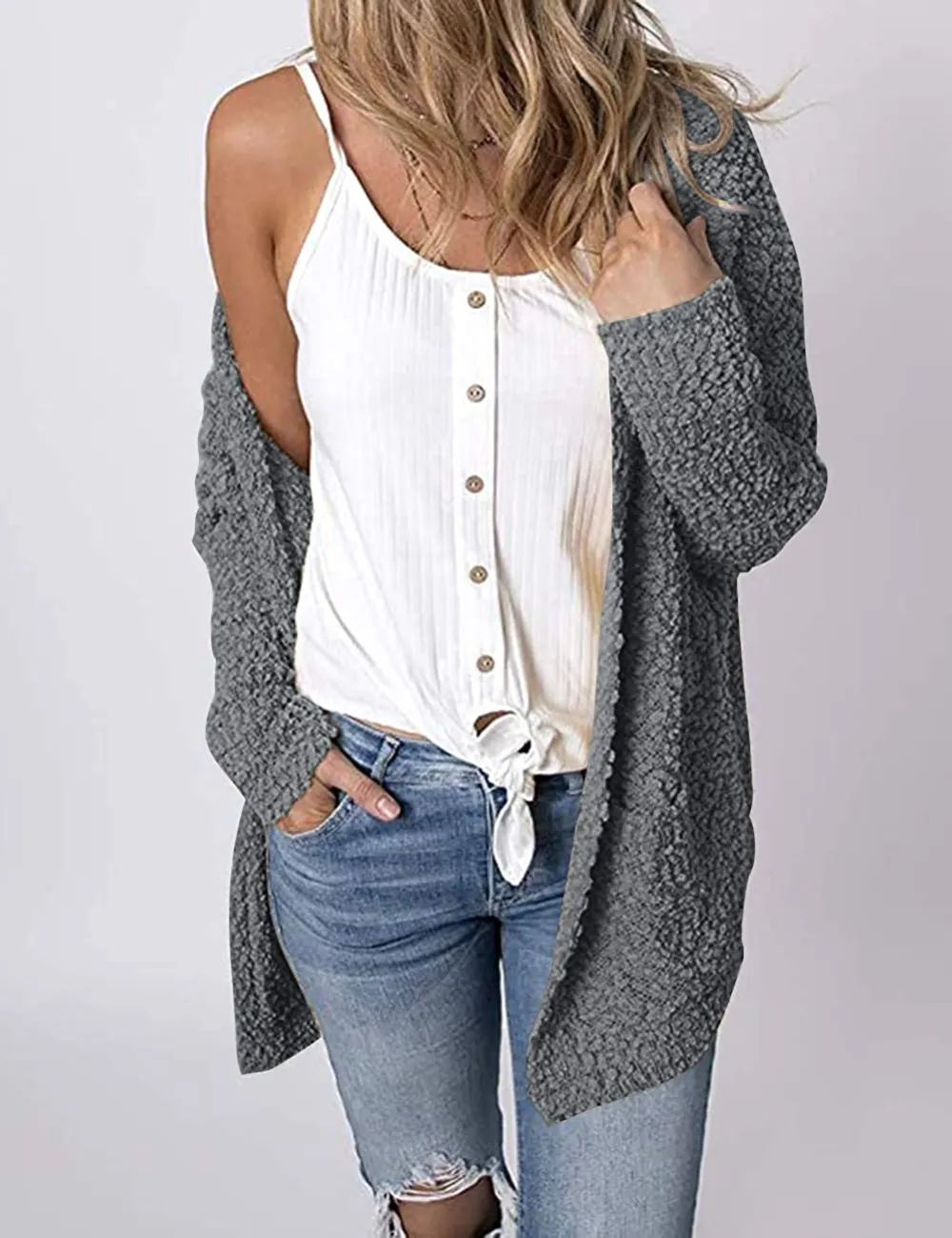 Women's Long Sleeve Soft Chunky Knit Sweater Open Front Cardigans Outwear Coat