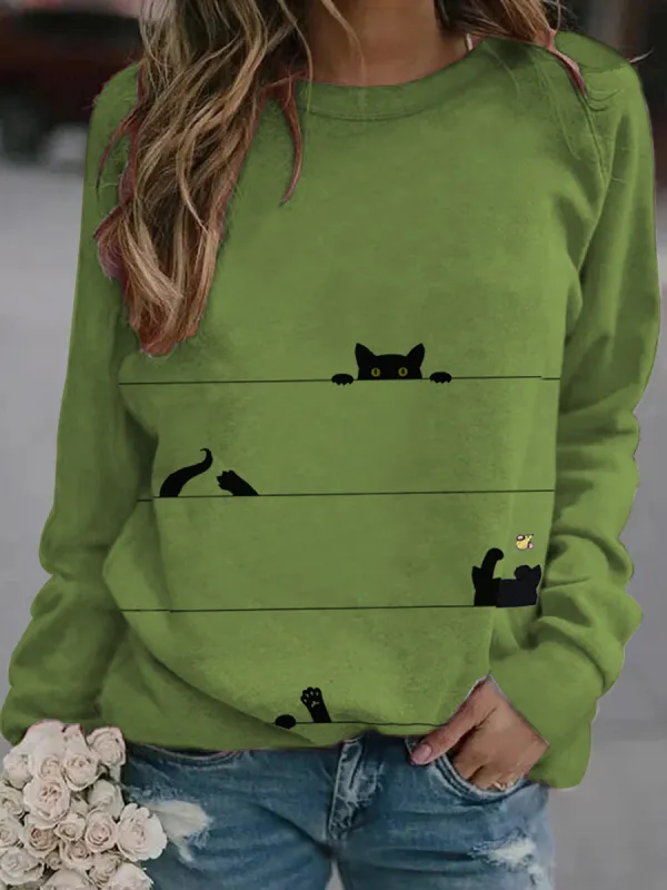 Fashion Long Sleeve Cartoon Cat Print Sweater