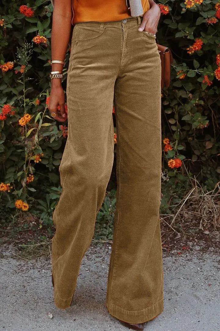Solid Corduroy Patched Back High Waist Flare Pants