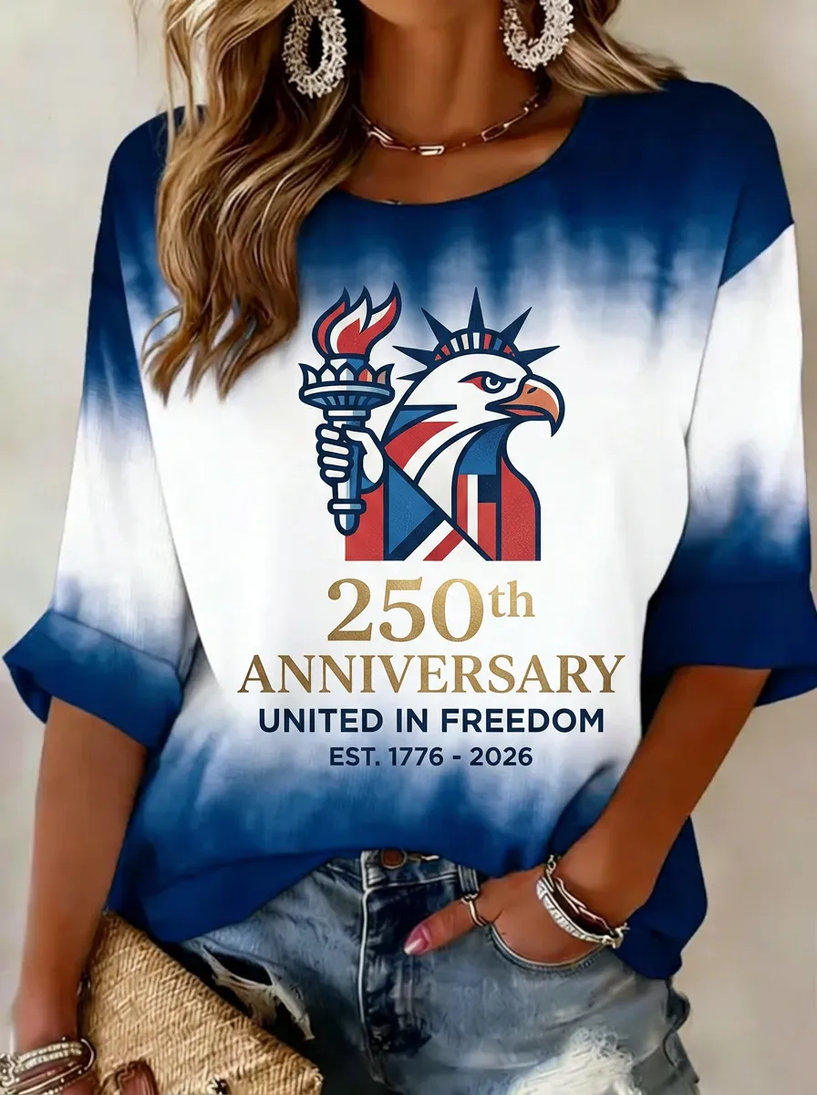 Women's USA 250th Anniversary Eagle Statue Liberty Printed Tie-Dye T-shirt