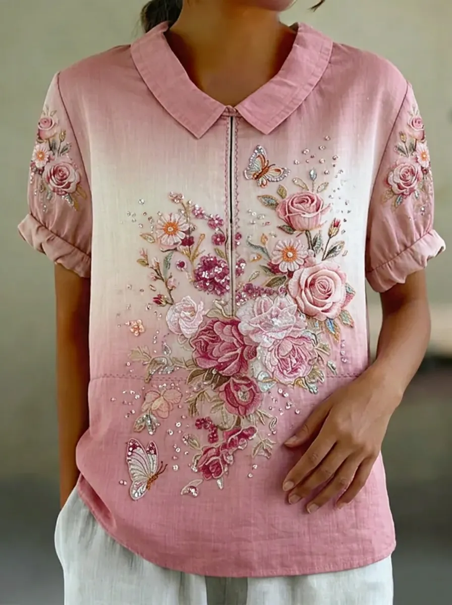 Women's Nashville Floral Butterfly Embroidered Printed Top