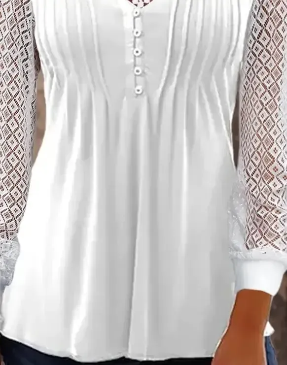 Plain Casual Patchwork Lace V-neck Tunic Top