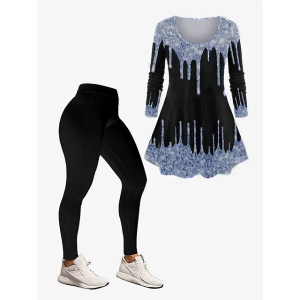 Women's Set Graphic Silver Dark Yellow Black Print Long Sleeve Daily Vacation Holiday Casual Festival Crew Neck Regular Fit Fall Winter