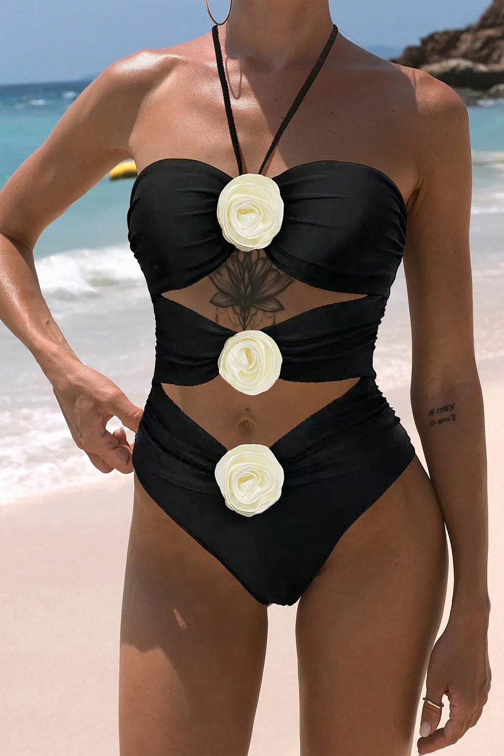 Bikinx Monochrome Halter Neck 3d Flower Decoration Sexy One-piece Swimsuit