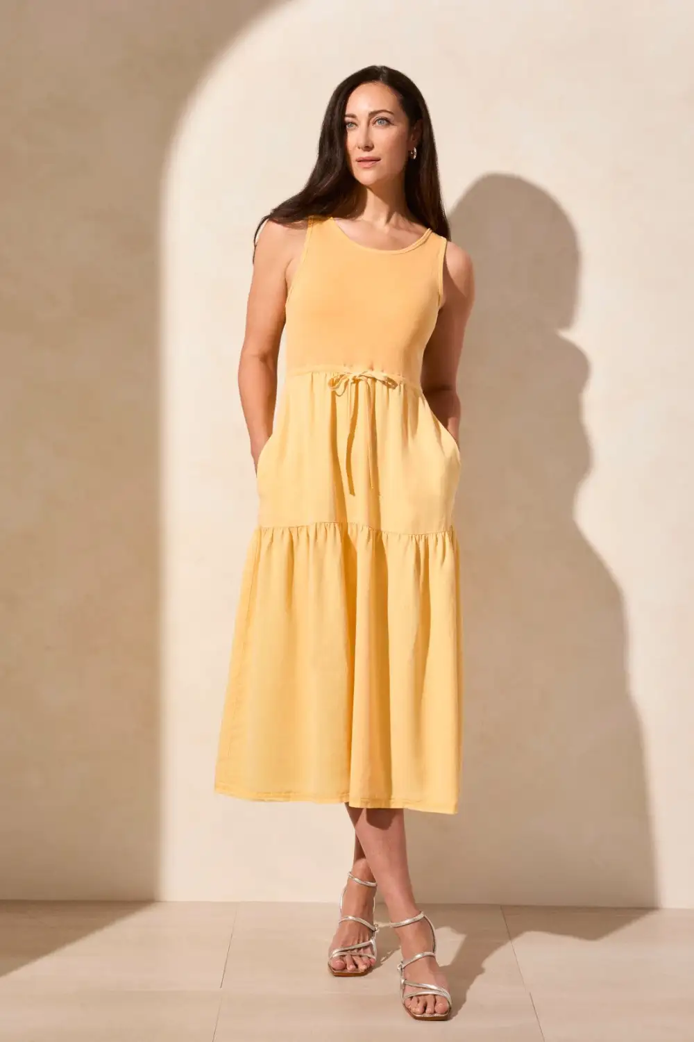 Mixmedia Sleeveless Boat Neck Tiered Midi Dress-Sun Ray