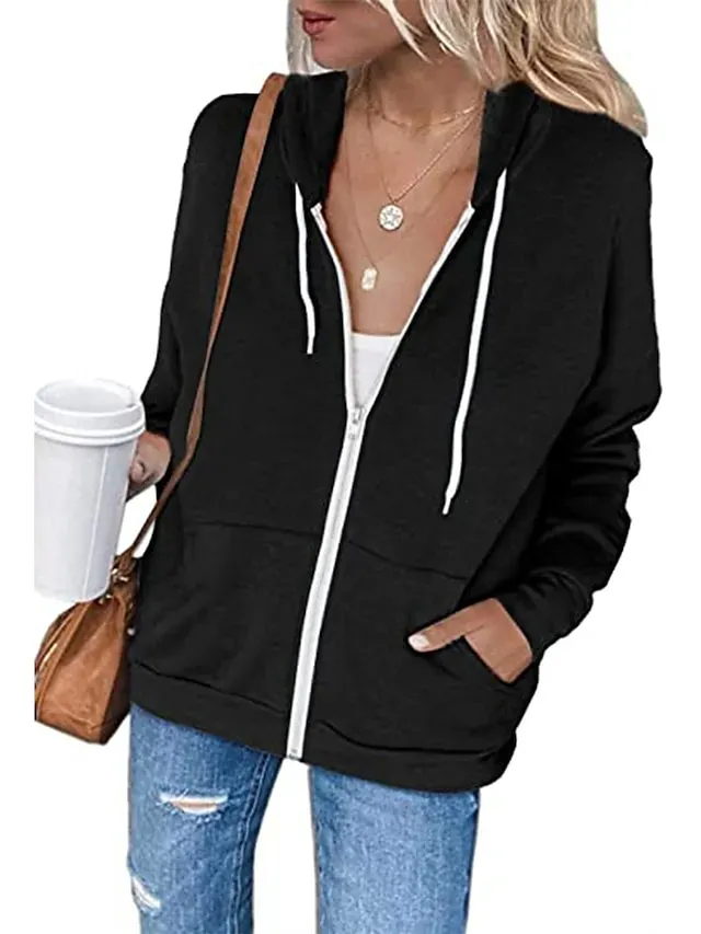 Women's Hoodied Jacket Casual Jacket Fall Spring Outdoor Zipper Plain Breathable Streetwear Regular Fit Outerwear Long Sleeve Summer Black S