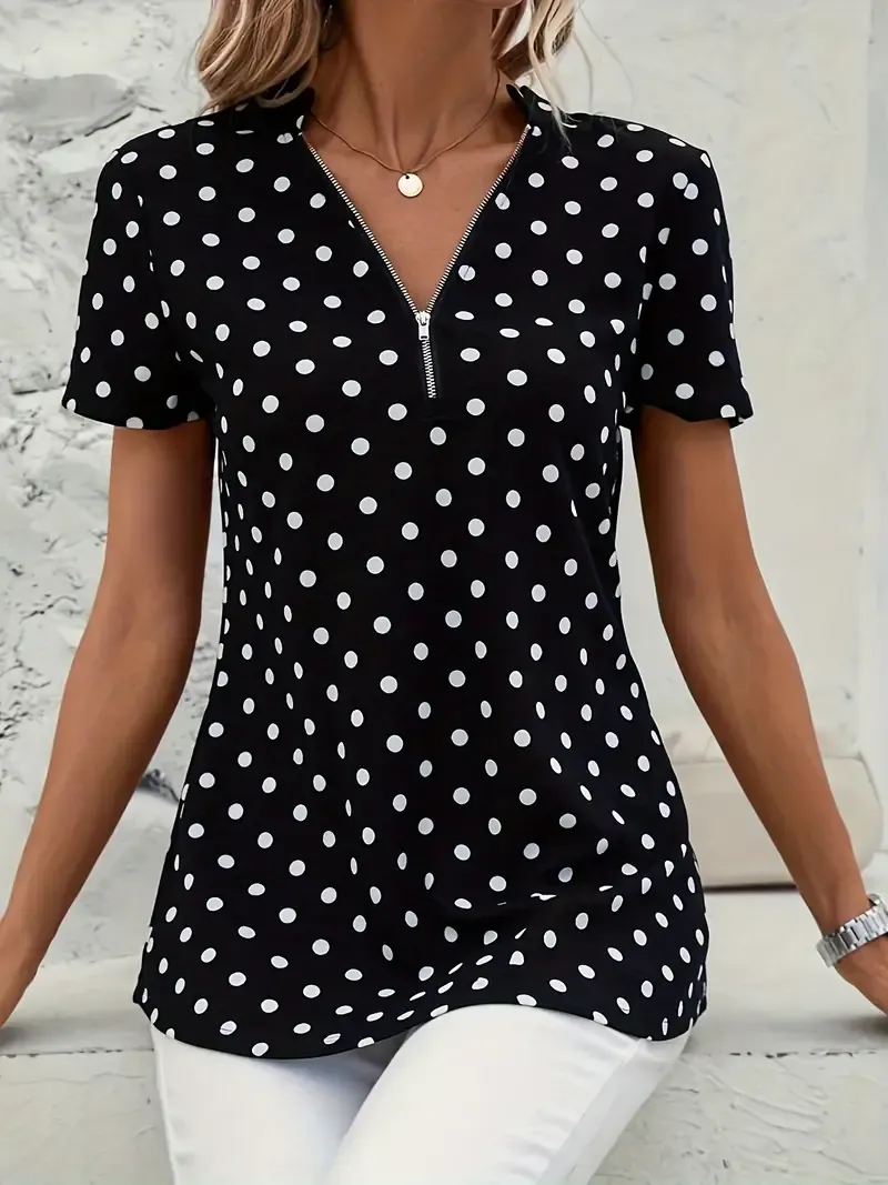 Polka Dot V-Neck Zipper Blouse, Short Sleeve Spring Summer Blouse for Women