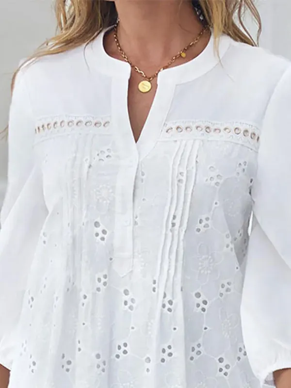 V-neck Casual Loose Hollow Beach Vacation Long-sleeved Blouse