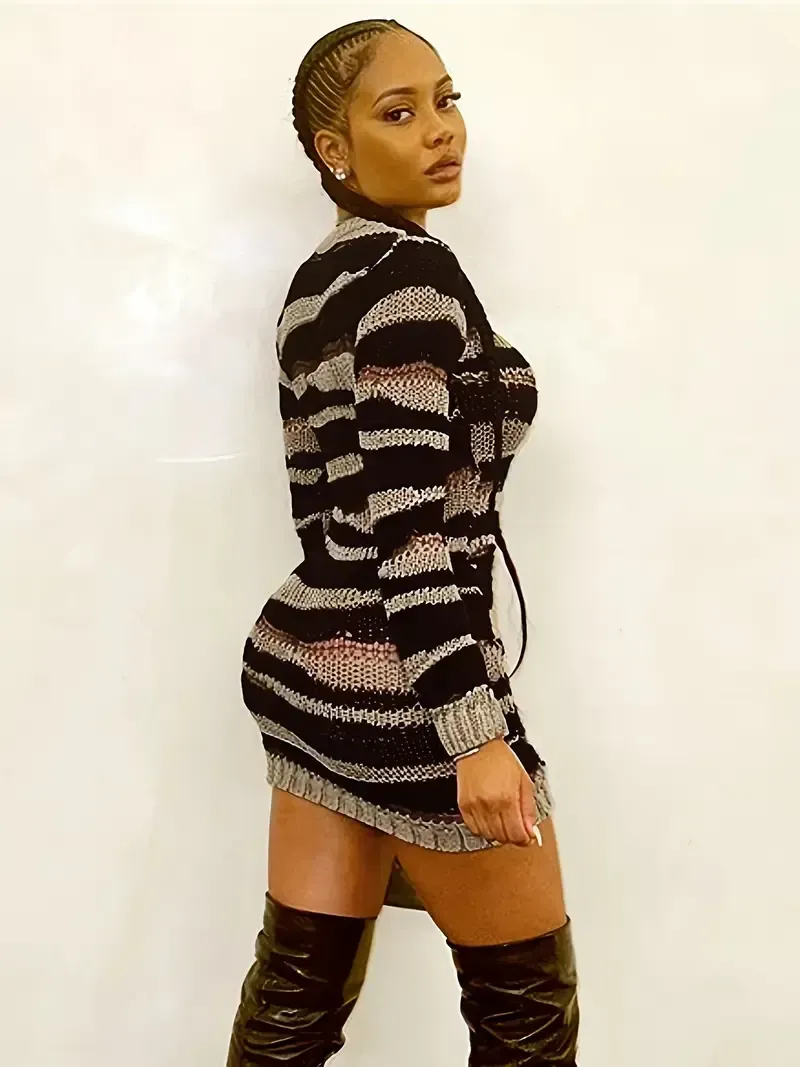 Color Block Long Sleeve Knit Dress, Casual Crew Neck Dress For Spring & Fall, Women's Clothing