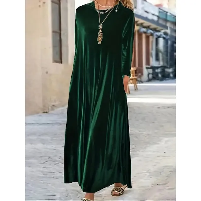 Women‘s Velvet Dress Shift Dress Caftan Dress Long Dress Maxi Dress Green Black Purple Long Sleeve Pure Color Pocket Winter Fall Spring Crew Neck Mature Winter Dress Daily Vacation 2023