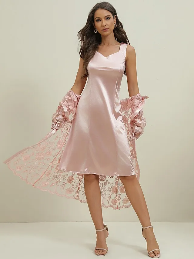 Women's Dress Set Wedding Guest Dress Two Piece Dress Midi Dress Khaki 3/4 Length Sleeve Floral Lace Summer Spring V Neck Elegant Party Wedding Guest 2023 S M L XL 2XL 3XL