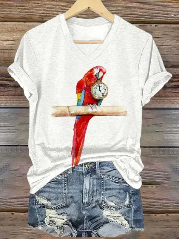 Women's 5 O'clock Parrot Print V Neck T-shirt