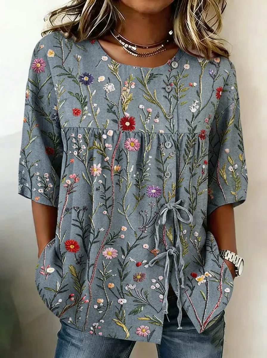Women's Nashville Wildflower Botanical Printed Button-Up Top