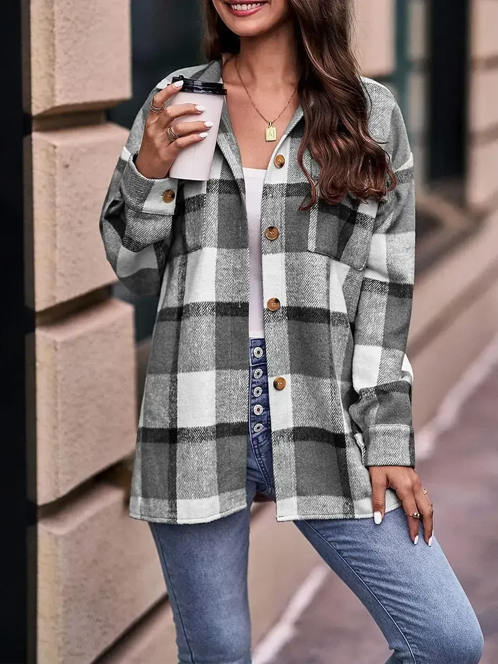 Women's 2023 Fall Clothes Plaid Shacket Jacket Long Sleeve Button Down Flannel Shirts Fashion Blouse