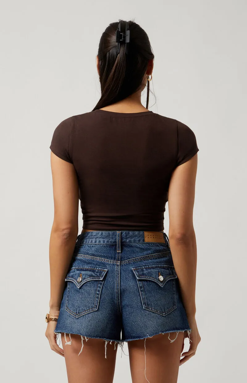 PacSun Dark Indigo Button Pocket High Waisted Denim Festival Shorts