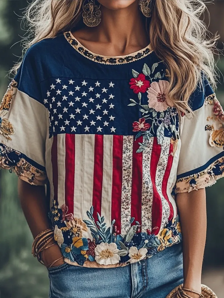 Women's Independence Day Flag Floral Embroidery Print Round Neck T-shirt