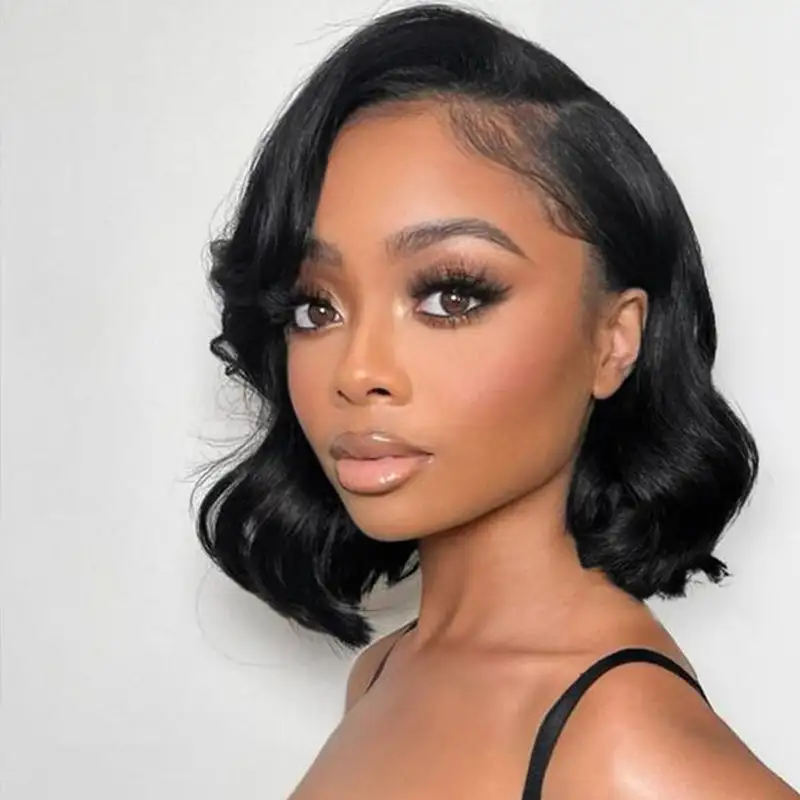 Glueless #1 Jet Black Bob Wig Loose Body Wave Short Lace Wigs 100% Human Hair