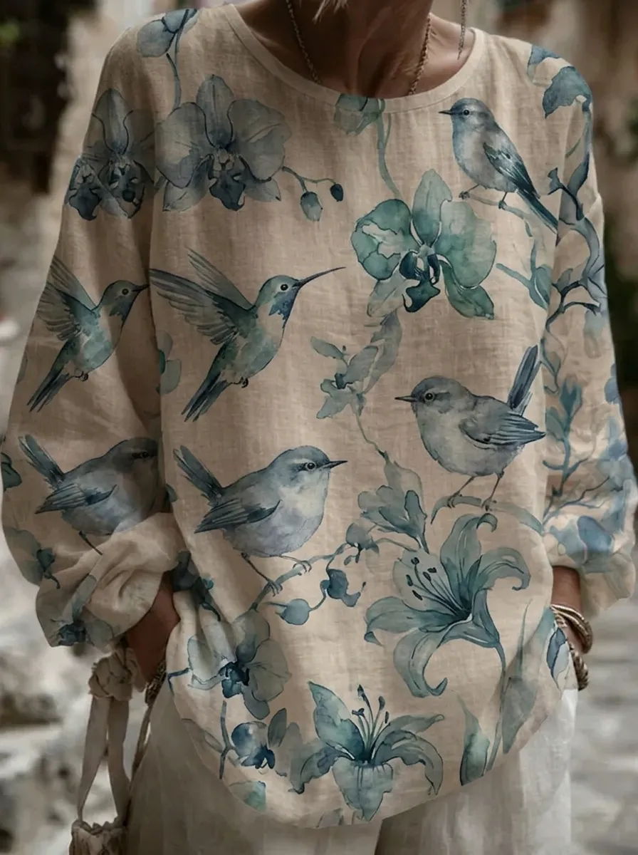 Women's Nashville Nature Hummingbird Floral Printed Long Sleeve Top