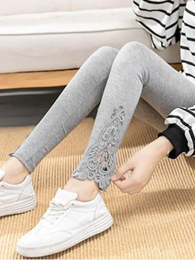 Women's Leggings Black White Grey Fashion Casual Daily Lace Ankle-Length Tummy Control Solid Colored L XL 2XL 3XL 4XL
