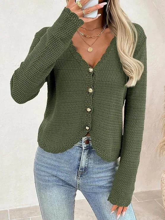 Women's V-Neck Cropped Boho Knit Cardigan