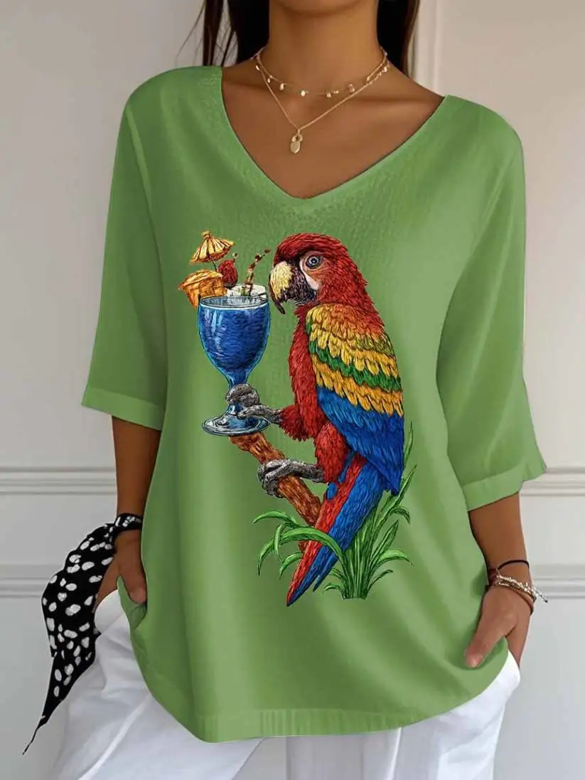 Women's Retro Parrot Margarita Print Mid Sleeve T-Shirt上报