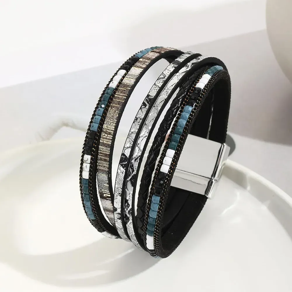 Fesciory Leather Wrap Bracelets for Women, Boho Leopard Multi-Layer Crystal Beads Cuff Bracelet Jewelry