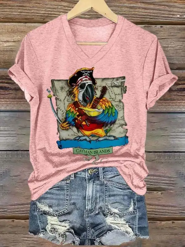 Women's V-neck short-sleeved printed T-shirt