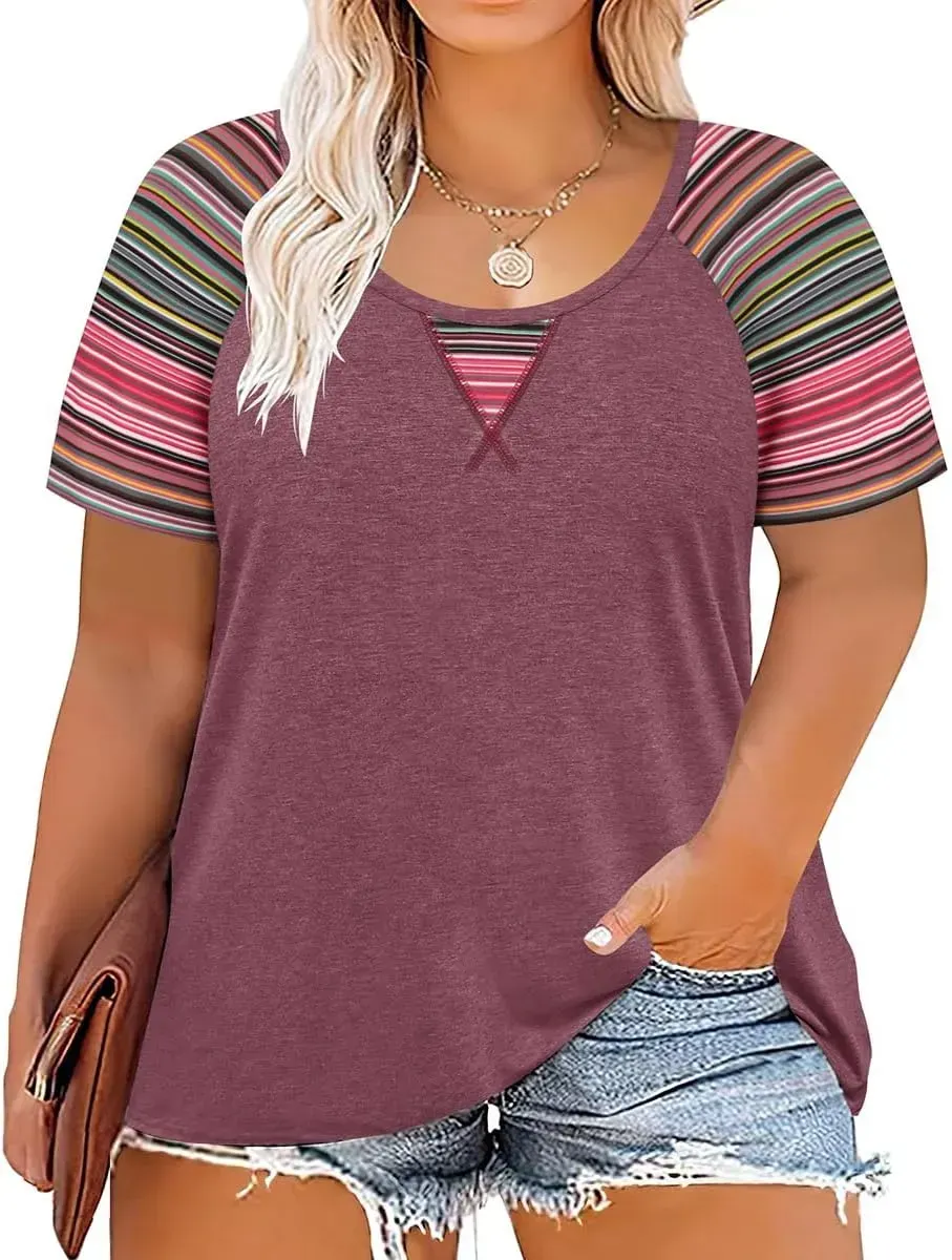 TIYOMI Plus Size T Shirt for Women Short Sleeve Tunic Cross Line Shirts Round Neck Tops Summer Blouse XL-5XL 14-28