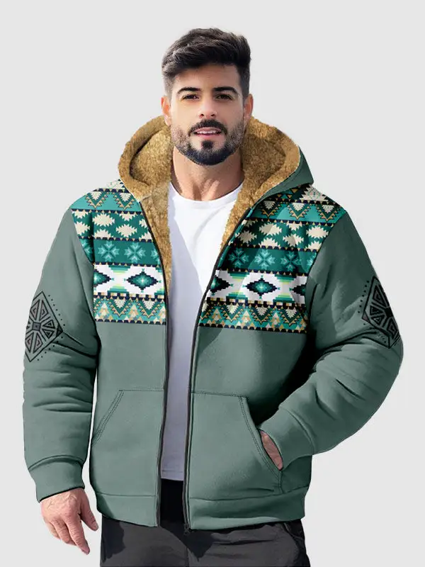 Men's Sherpa Fleece Full Zip Hoodie Vintage Jacket