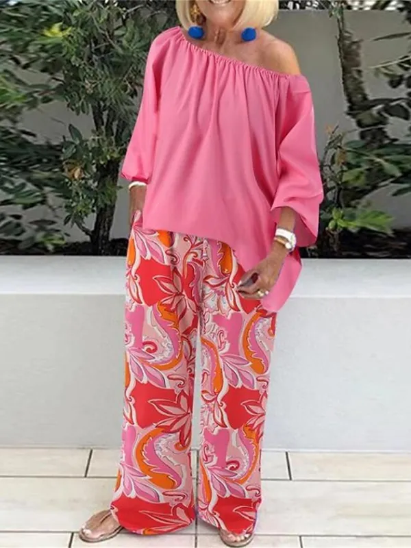 Women's Loungewear Sets Flower Fashion Casual Comfort Home Street Daily Polyester Breathable Off Shoulder Long Sleeve Shirt Pant Summer Spring Black Pink