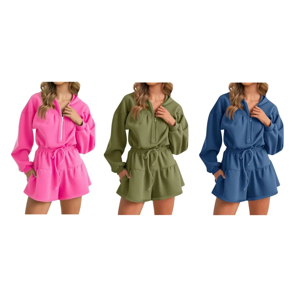 Women's Half-Zip Hooded Long-Sleeve Casual Romper