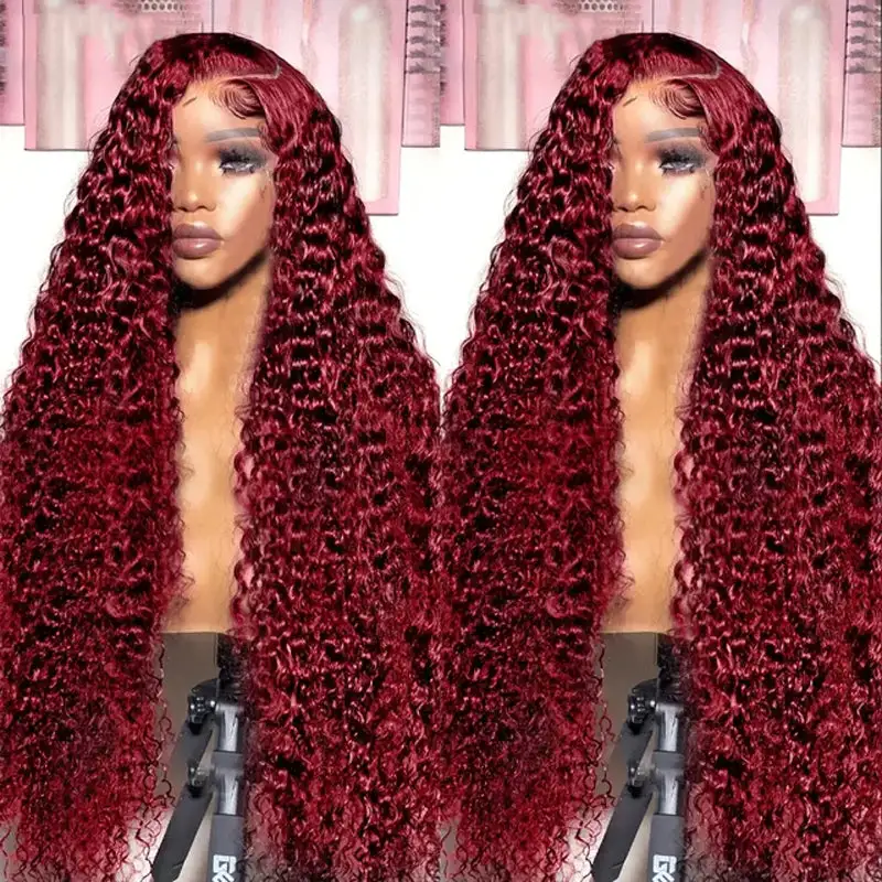 99J Burgundy 13×6 Deep Wave Wig Premium Super Double Drawn Human Hair Wig 250% Density