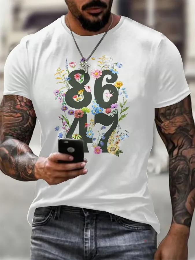 Men'S T-Shirt Men'S Vintage Flower 86 47 Printed T-Shirt Digital Flower Print Pure Cotton Short Sleeve