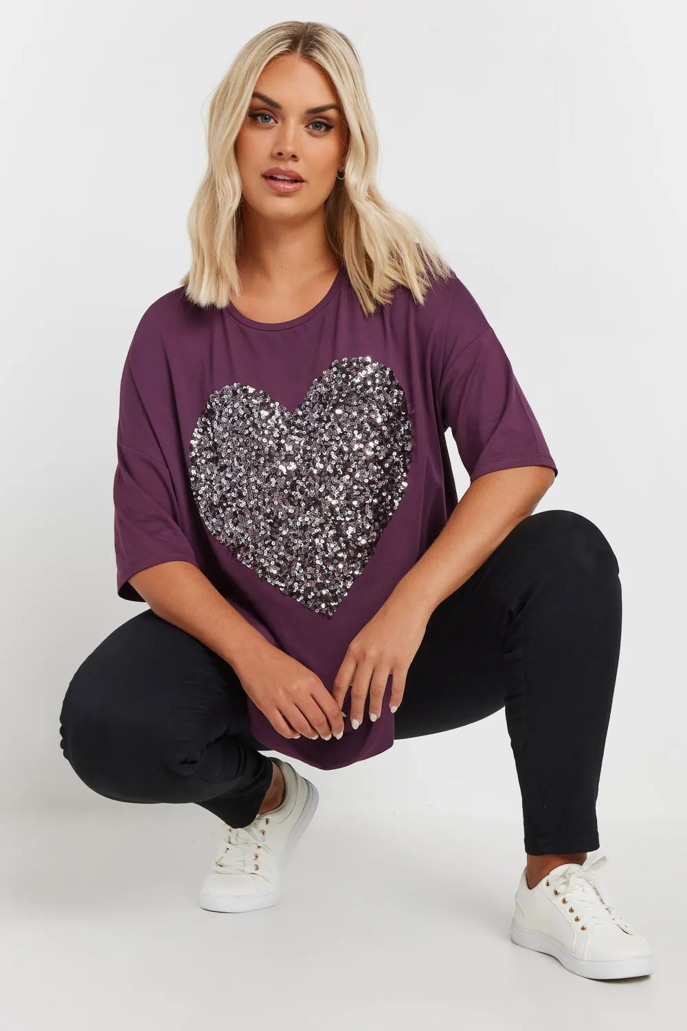 YOURS Curve Red Heart Sequin Embellished T-Shirt